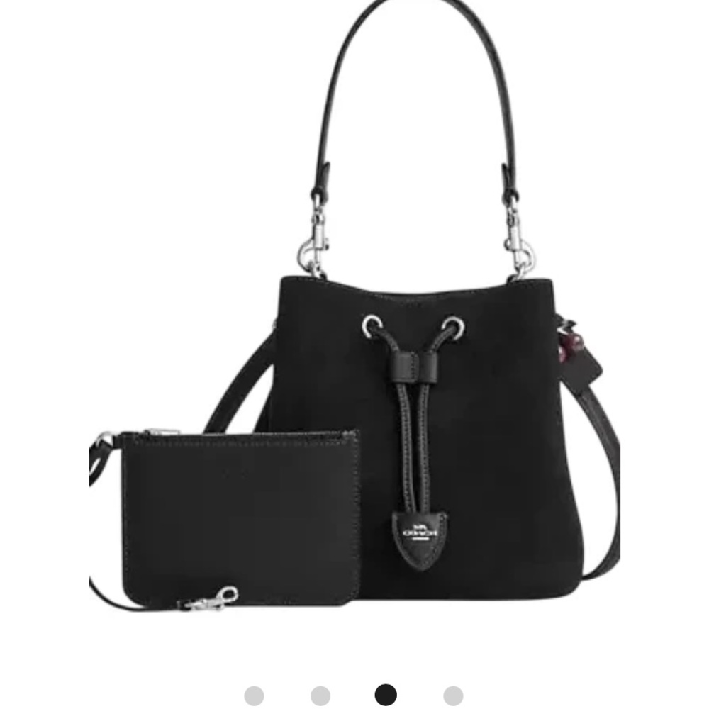 NWT  Coach Rowan Bucket Bag Crossbody Black Suede w/Cherry Charm & Sm Wristlet